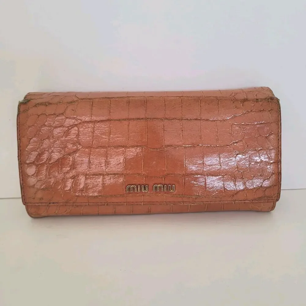 Miu Miu Croc-Embossed Leather Wallet in Light Brown